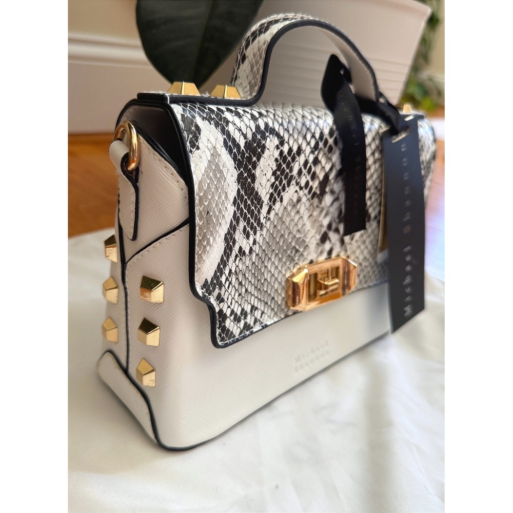 Snake Print Studded Satchel Bag Ivory Gold Chain Crossbody Top Handle NWT